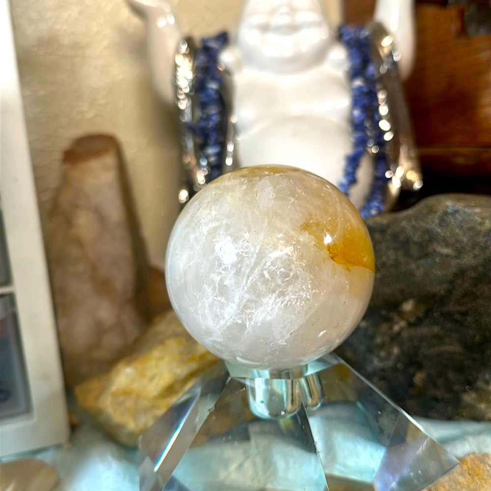416g Natural Yellow Calcite  Quartz Sphere Crystal Ball Healing Reiki